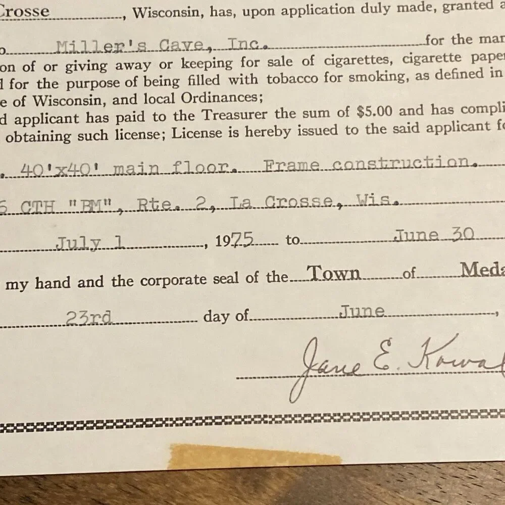 Vintage 1975 Liquor License Cigarette Permit Millers Cave La Crosse WI Ephemera